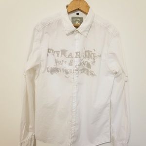 Mens white button down Spykar shirt front graphics